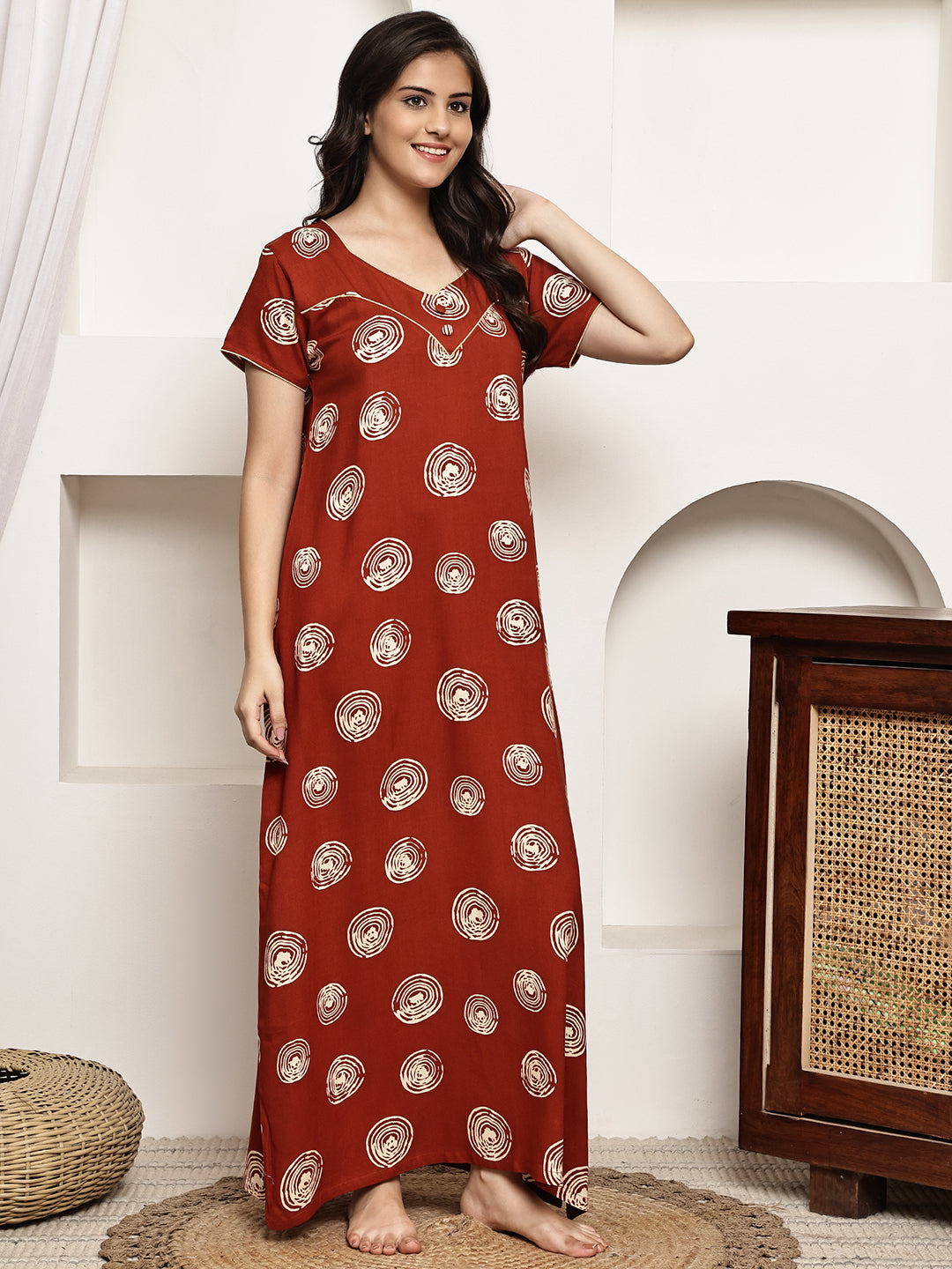 Rust Colour Geometric Printed Viscose Rayon Nighty For Women