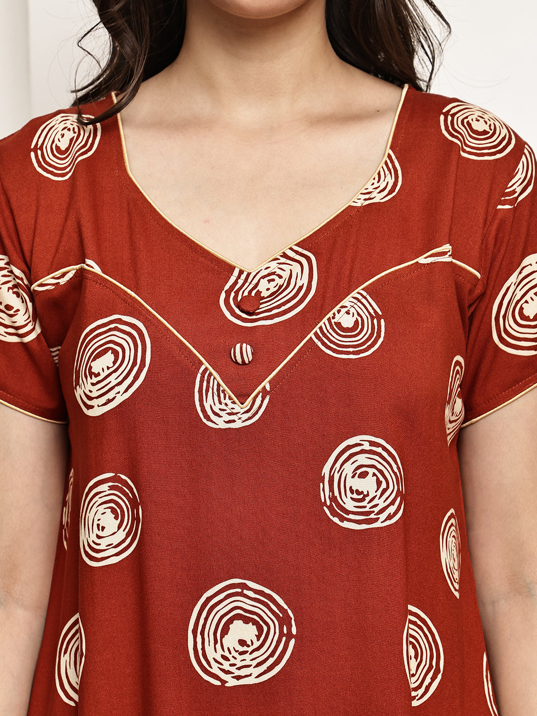Rust Colour Geometric Printed Viscose Rayon Nighty For Women