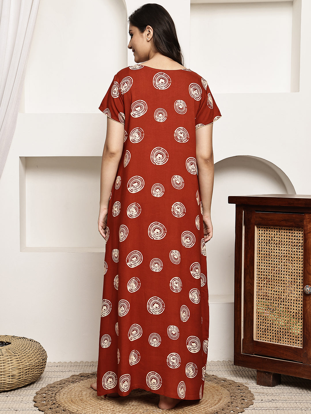 Rust Colour Geometric Printed Viscose Rayon Nighty For Women