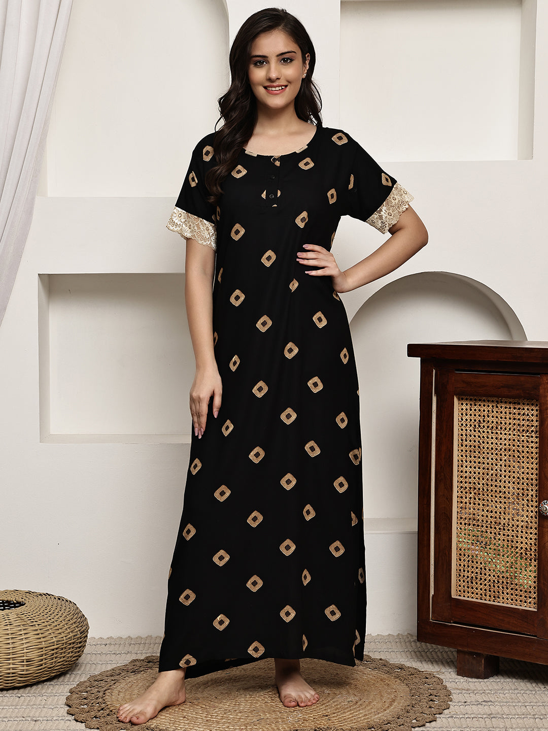 Black Colour Abstract Printed Viscose Rayon Nighty For Women | Claura