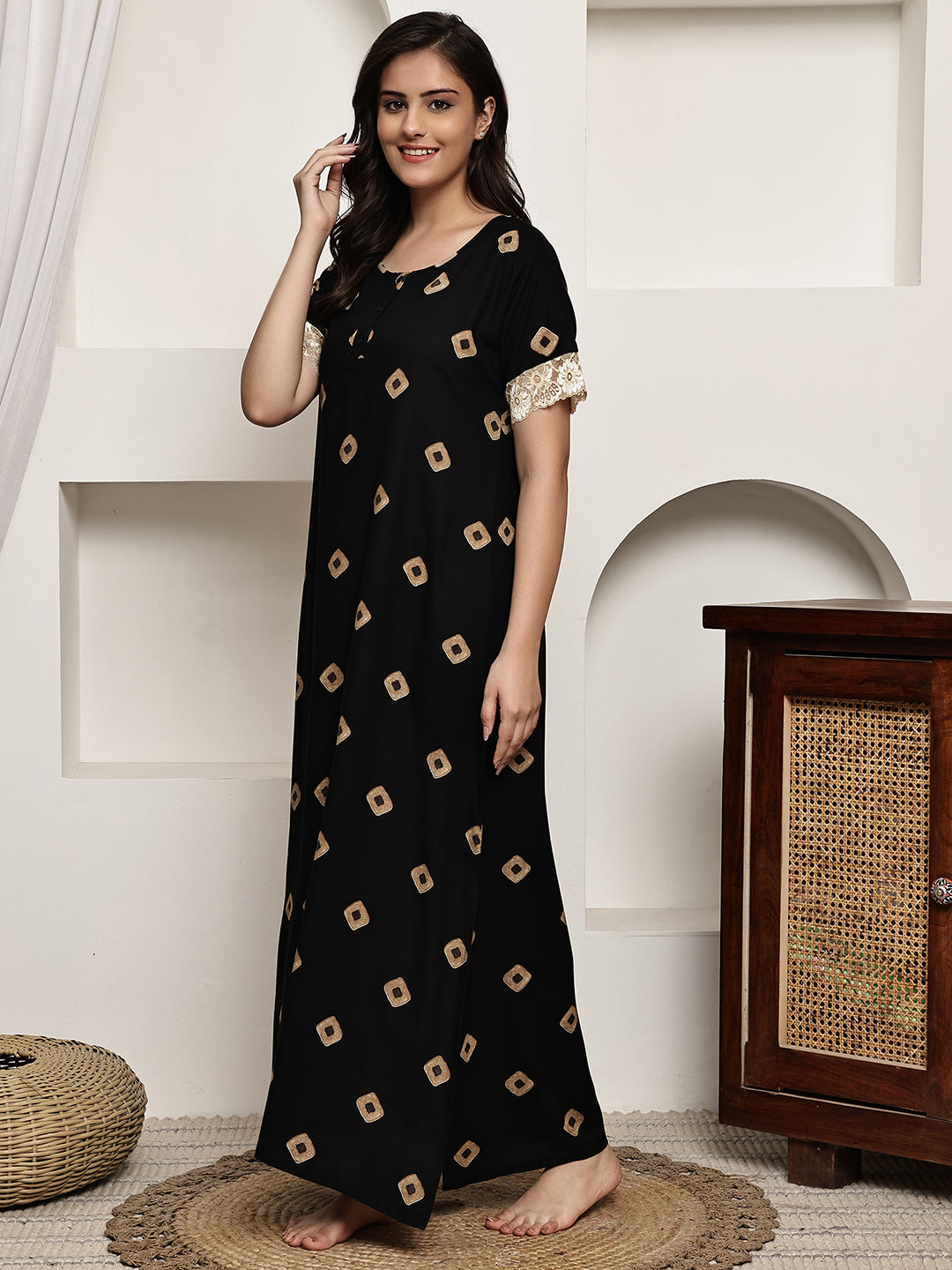 Black Colour Abstract Printed Viscose Rayon Nighty For Women
