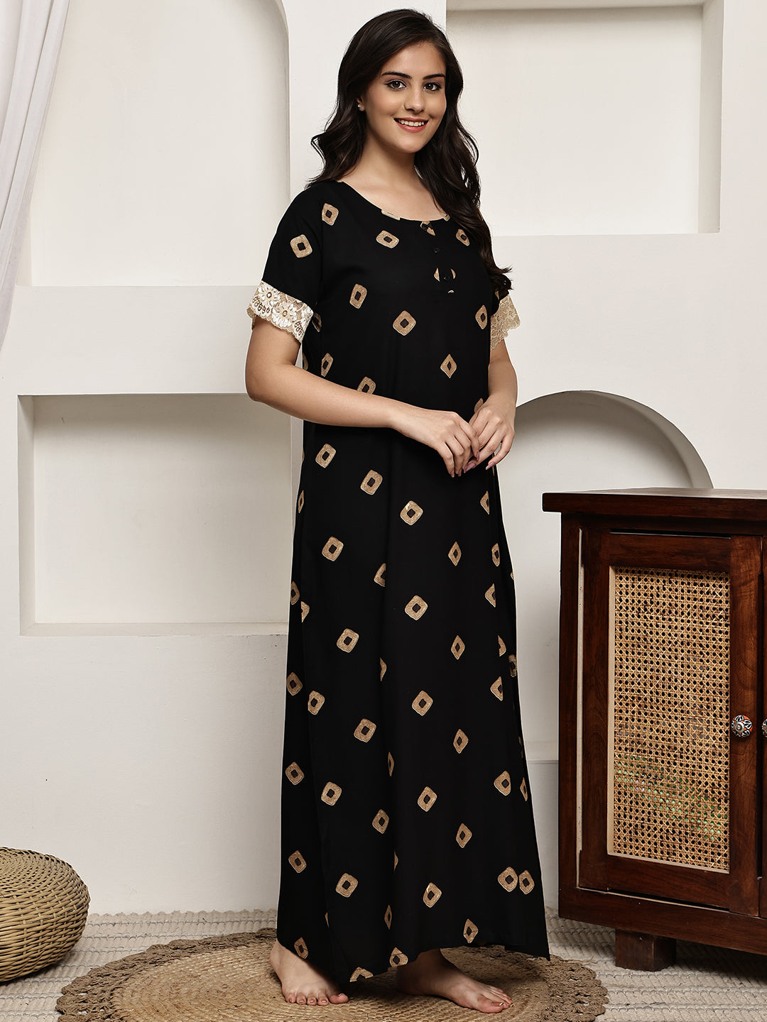 Black Colour Abstract Printed Viscose Rayon Nighty For Women