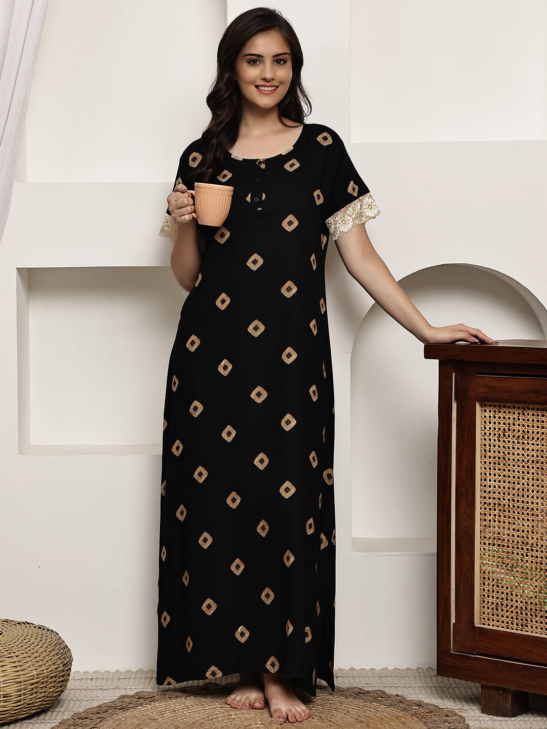 Black Colour Abstract Printed Viscose Rayon Nighty For Women