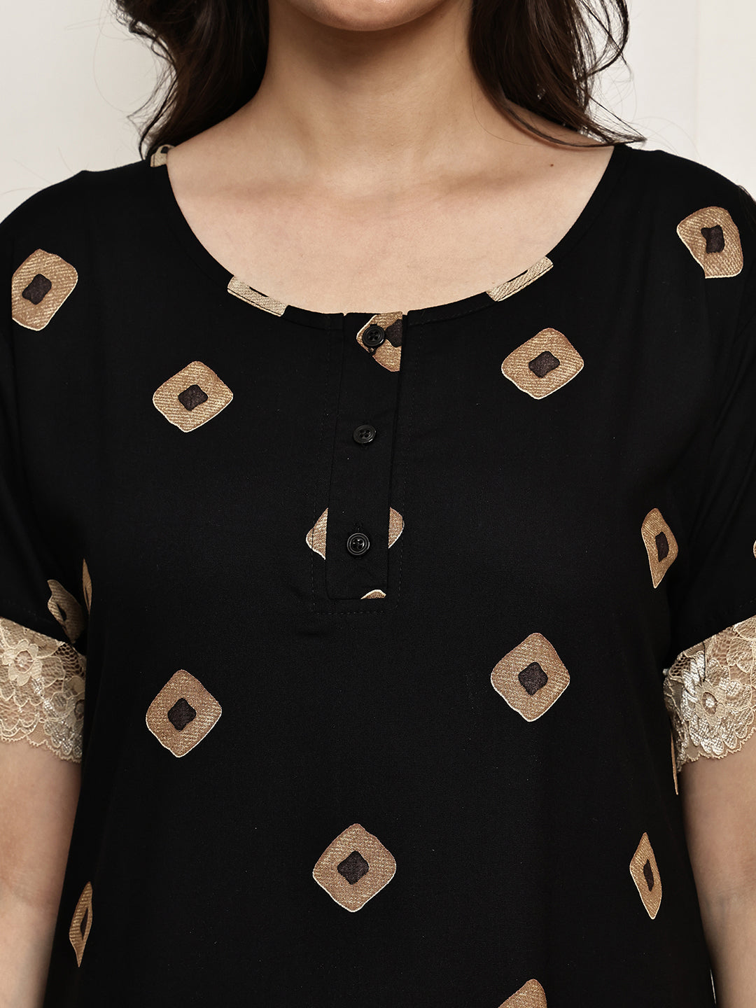 Black Colour Abstract Printed Viscose Rayon Nighty For Women