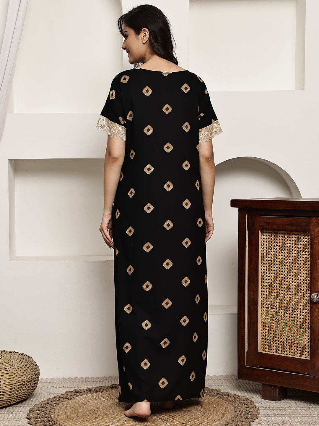 Black Colour Abstract Printed Viscose Rayon Nighty For Women