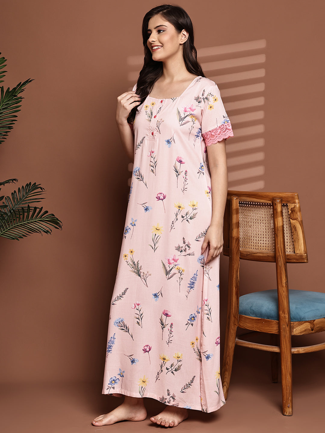 Pink Colour Floral Printed Viscose Rayon Nighty For Women