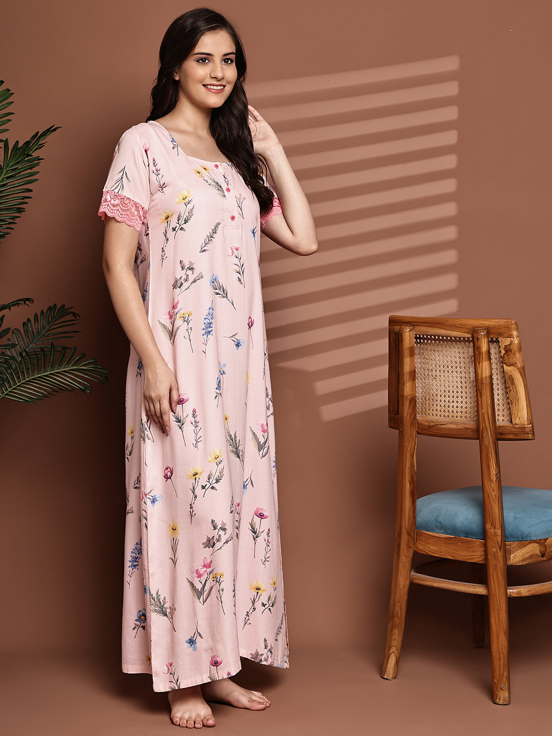 Pink Colour Floral Printed Viscose Rayon Nighty For Women