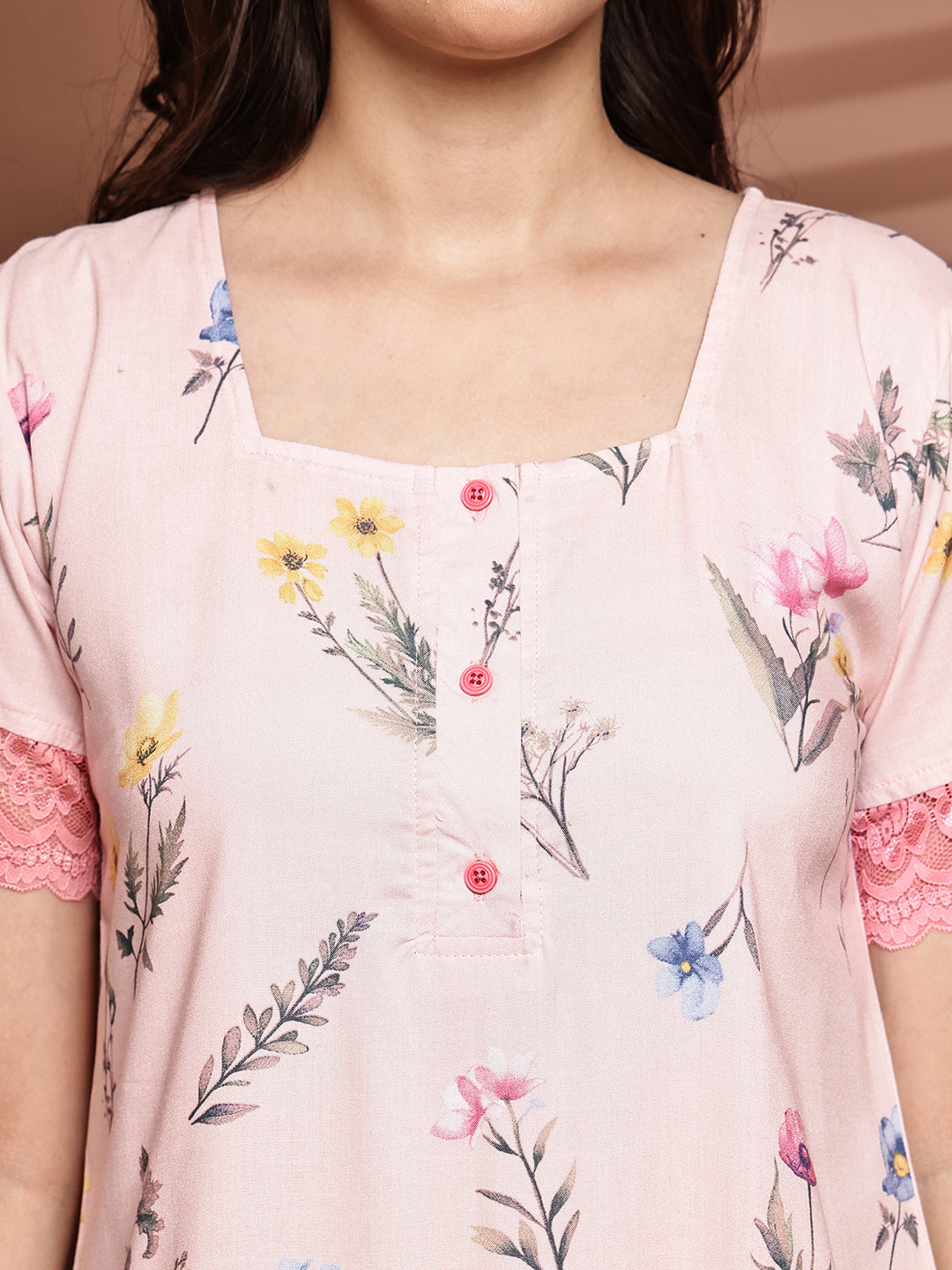 Pink Colour Floral Printed Viscose Rayon Nighty For Women