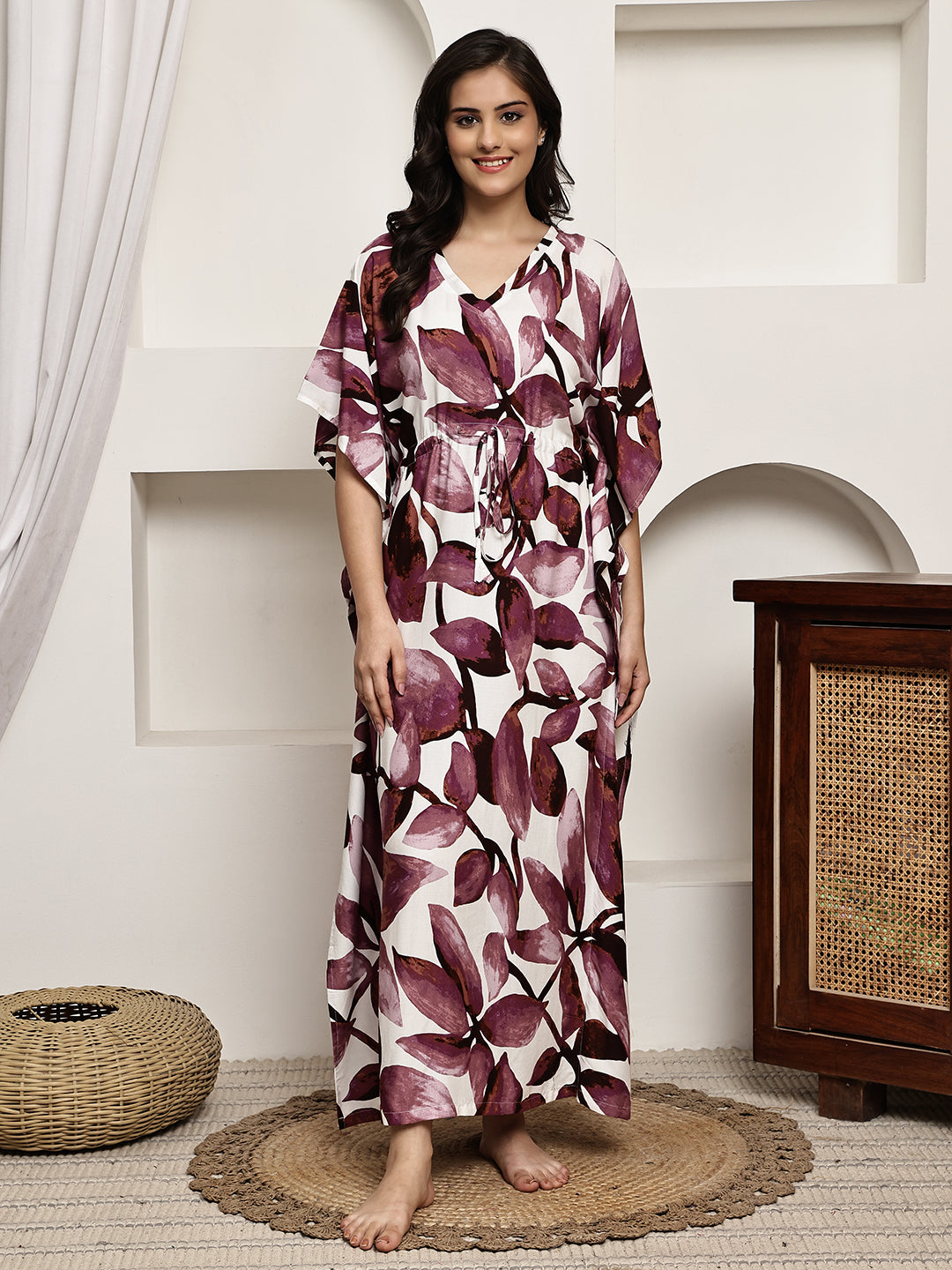 Purple Colour Floral Printed Viscose Rayon Kaftan For Women