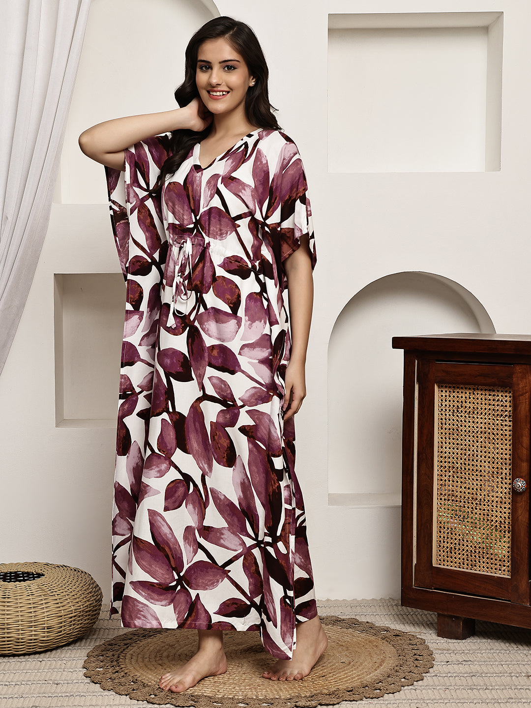 Purple Colour Floral Printed Viscose Rayon Kaftan For Women