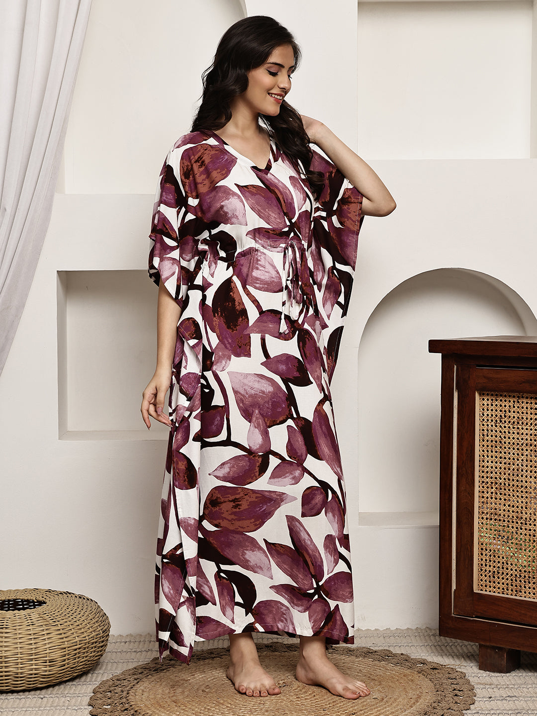 Purple Colour Floral Printed Viscose Rayon Kaftan For Women
