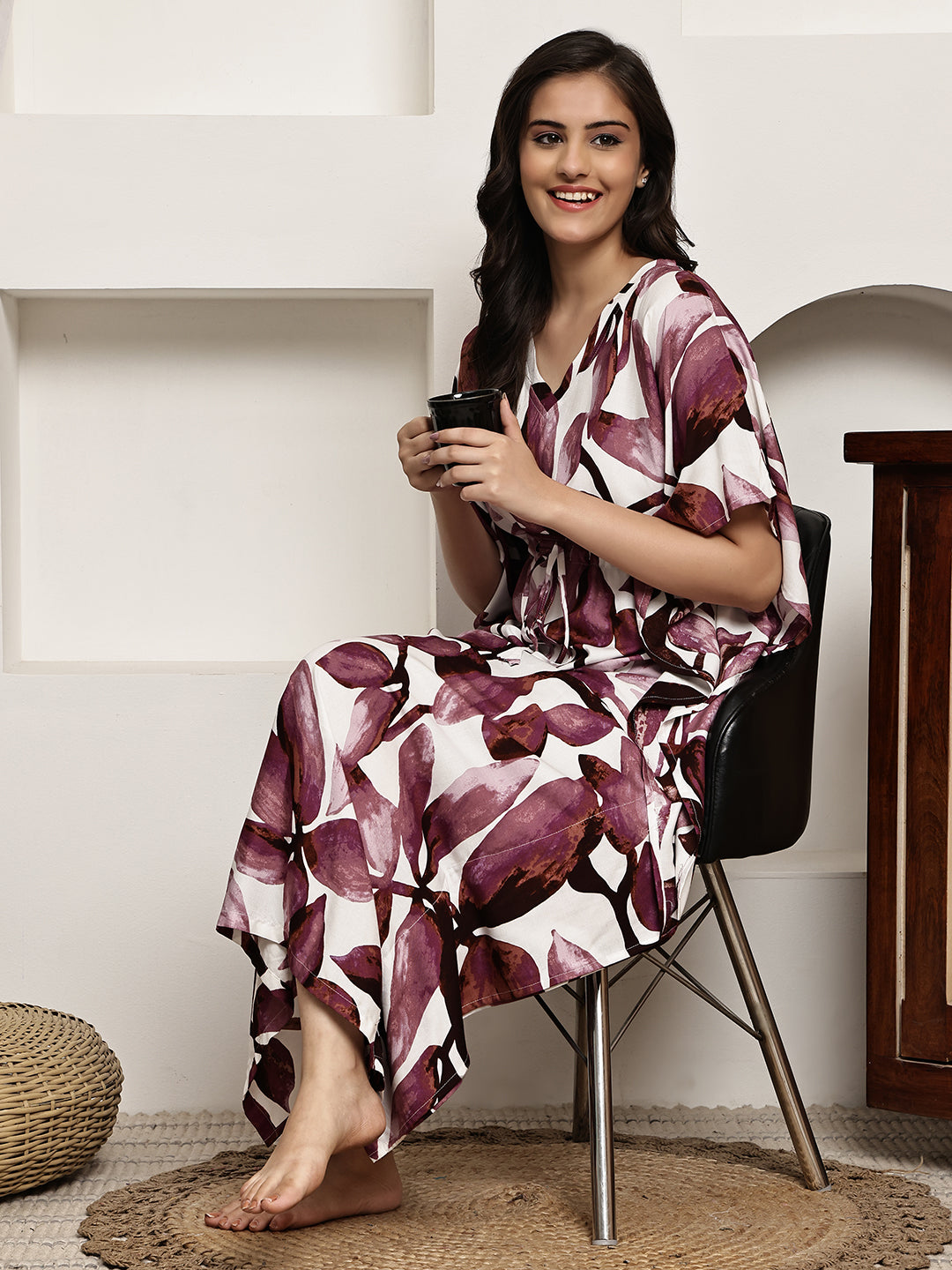 Purple Colour Floral Printed Viscose Rayon Kaftan For Women