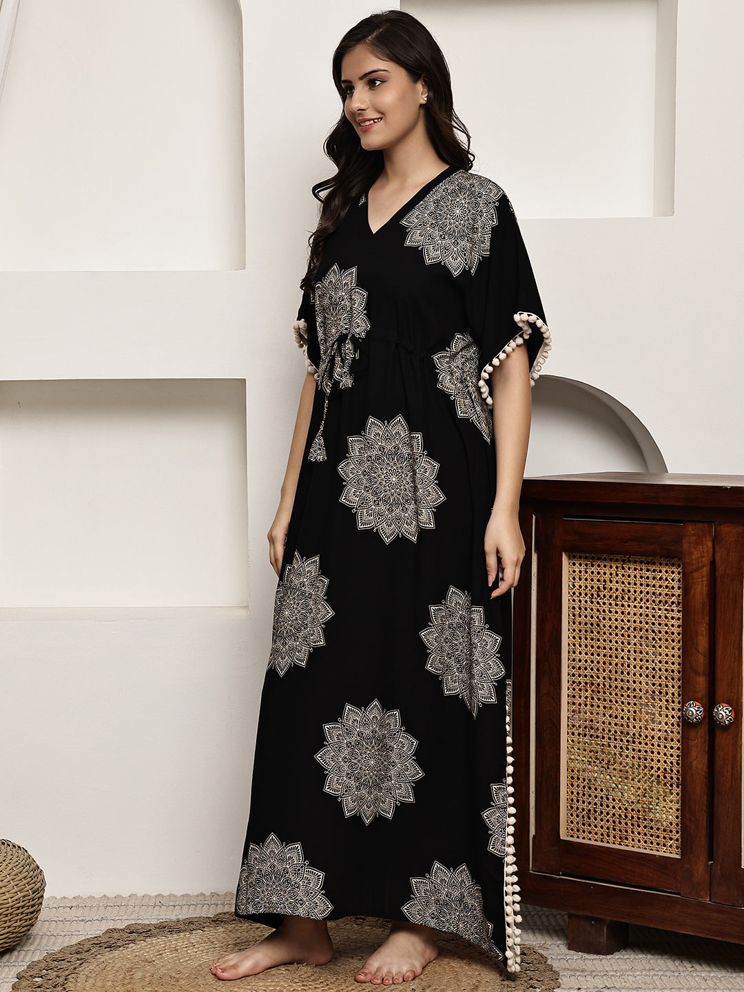 Black Colour Abstract Printed Viscose Rayon Kaftan For Women