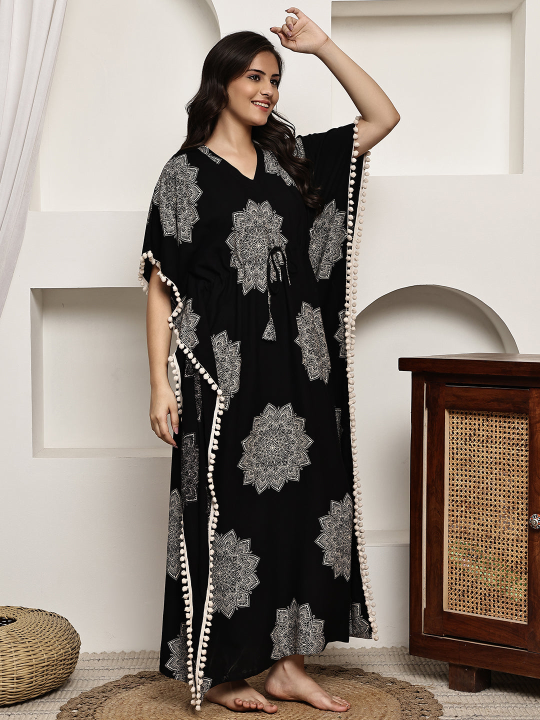 Black Colour Abstract Printed Viscose Rayon Kaftan For Women