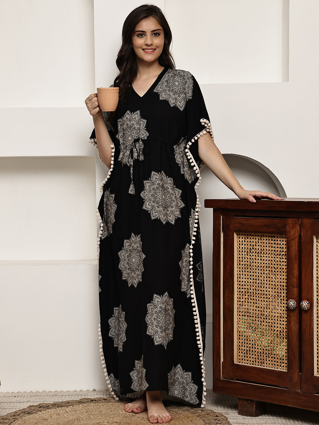 Black Colour Abstract Printed Viscose Rayon Kaftan For Women