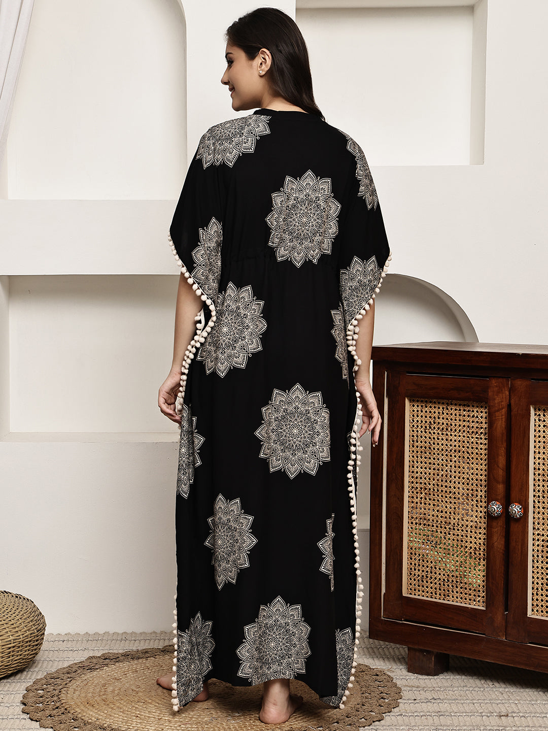 Black Colour Abstract Printed Viscose Rayon Kaftan For Women
