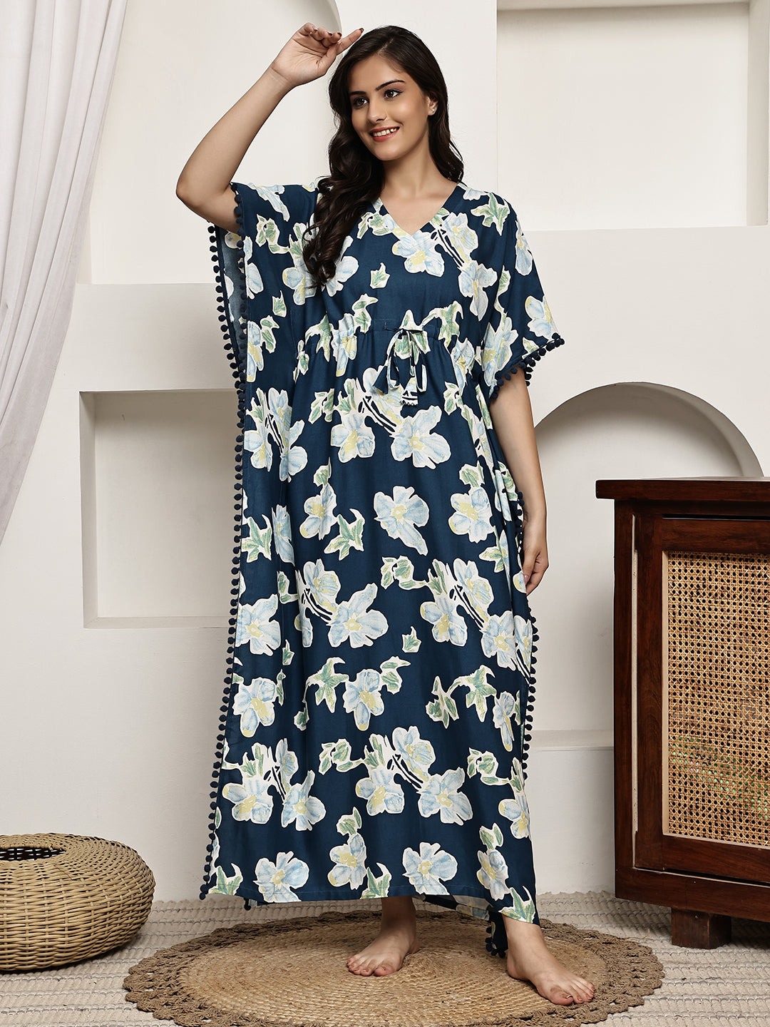 Blue Colour Floral Printed Viscose Rayon Kaftan For Women