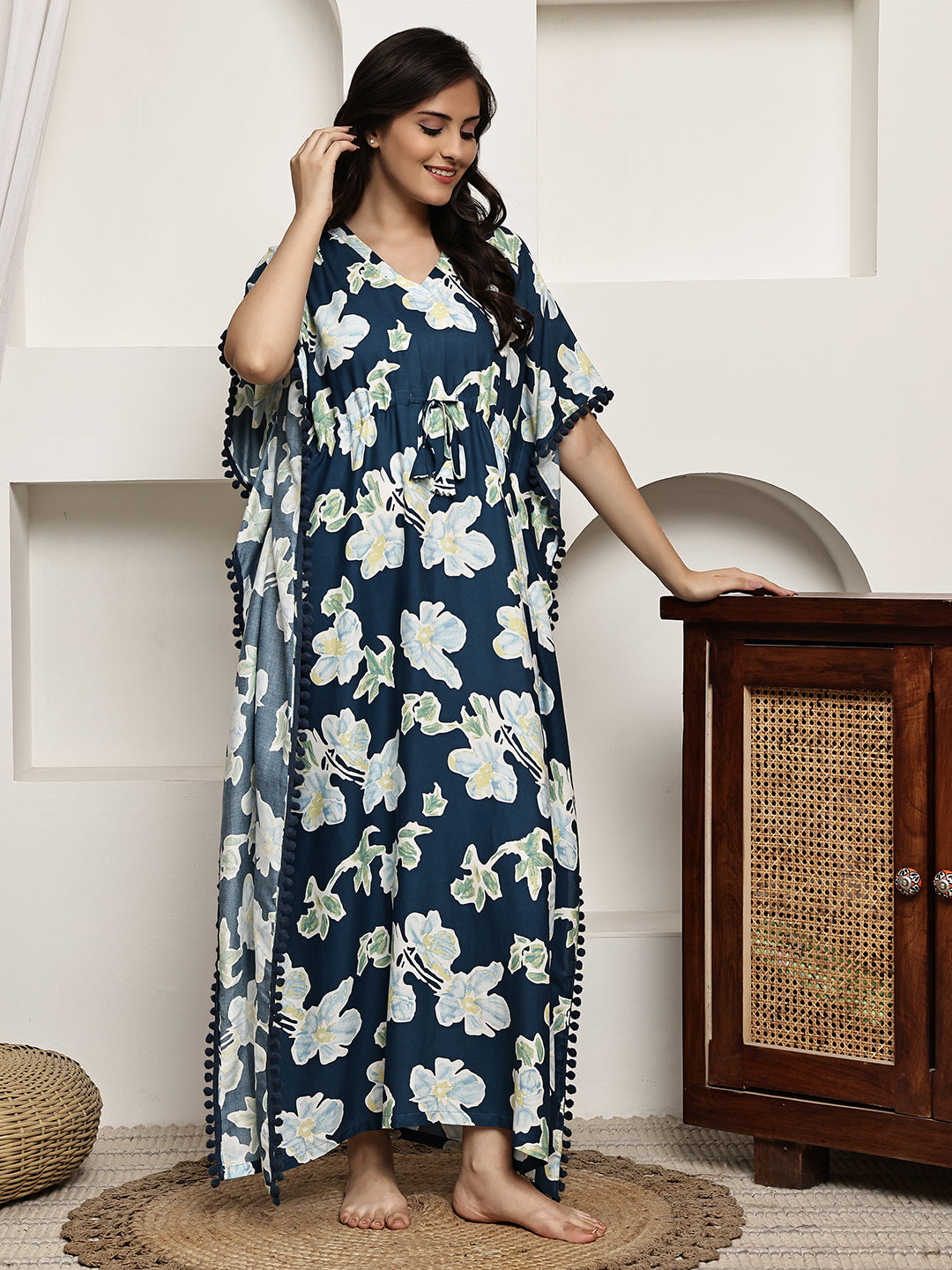 Blue Colour Floral Printed Viscose Rayon Kaftan For Women