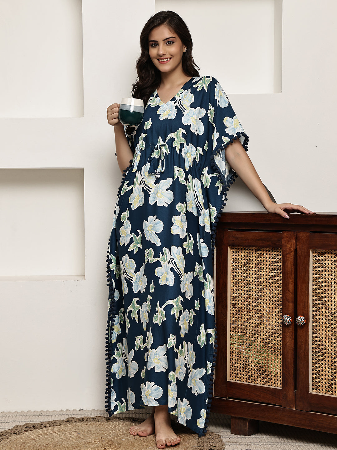 Blue Colour Floral Printed Viscose Rayon Kaftan For Women