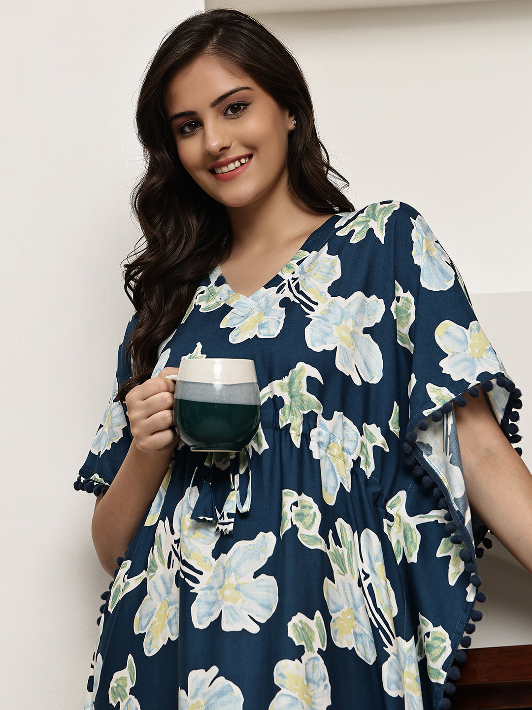 Blue Colour Floral Printed Viscose Rayon Kaftan For Women
