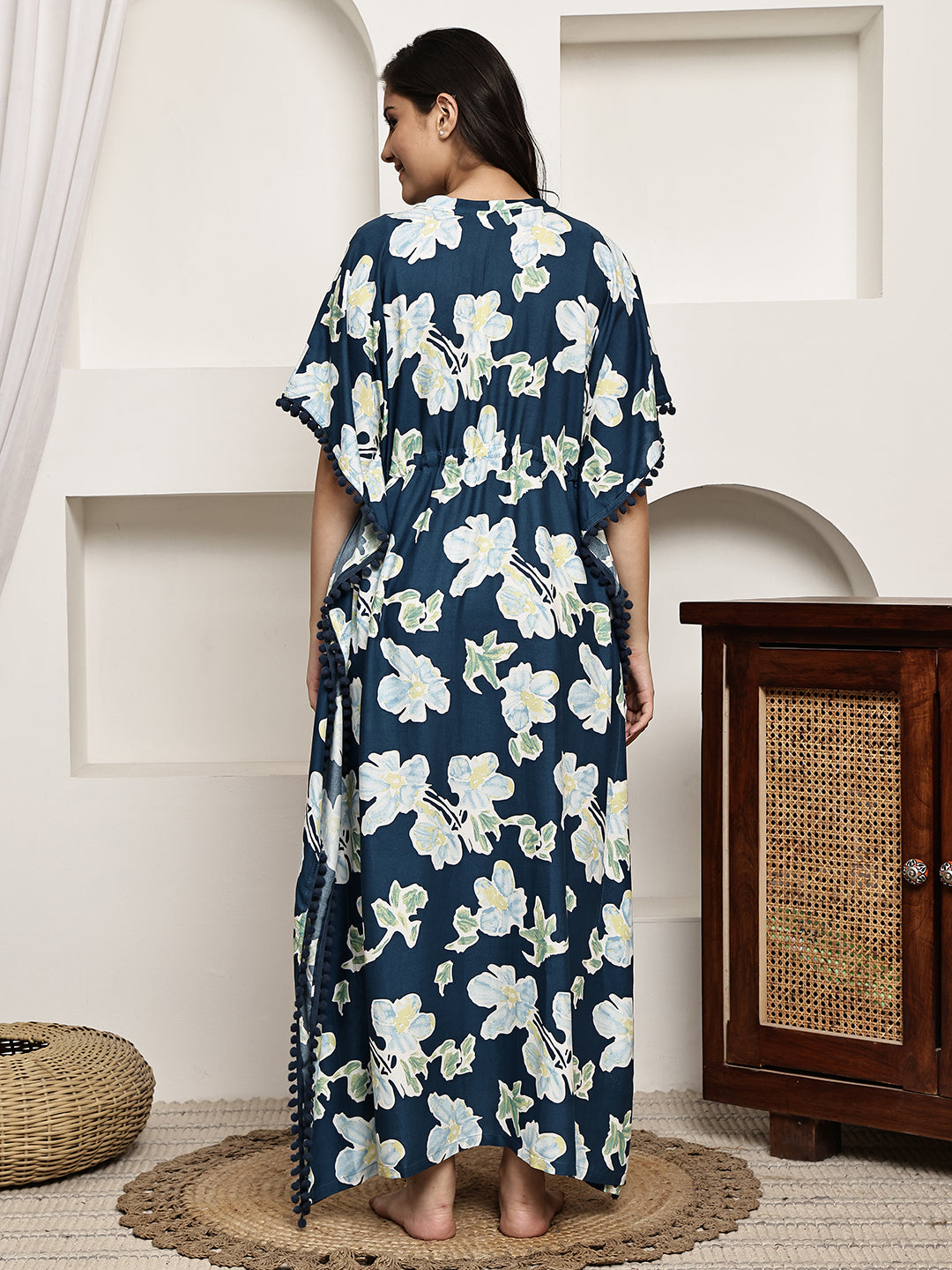 Blue Colour Floral Printed Viscose Rayon Kaftan For Women
