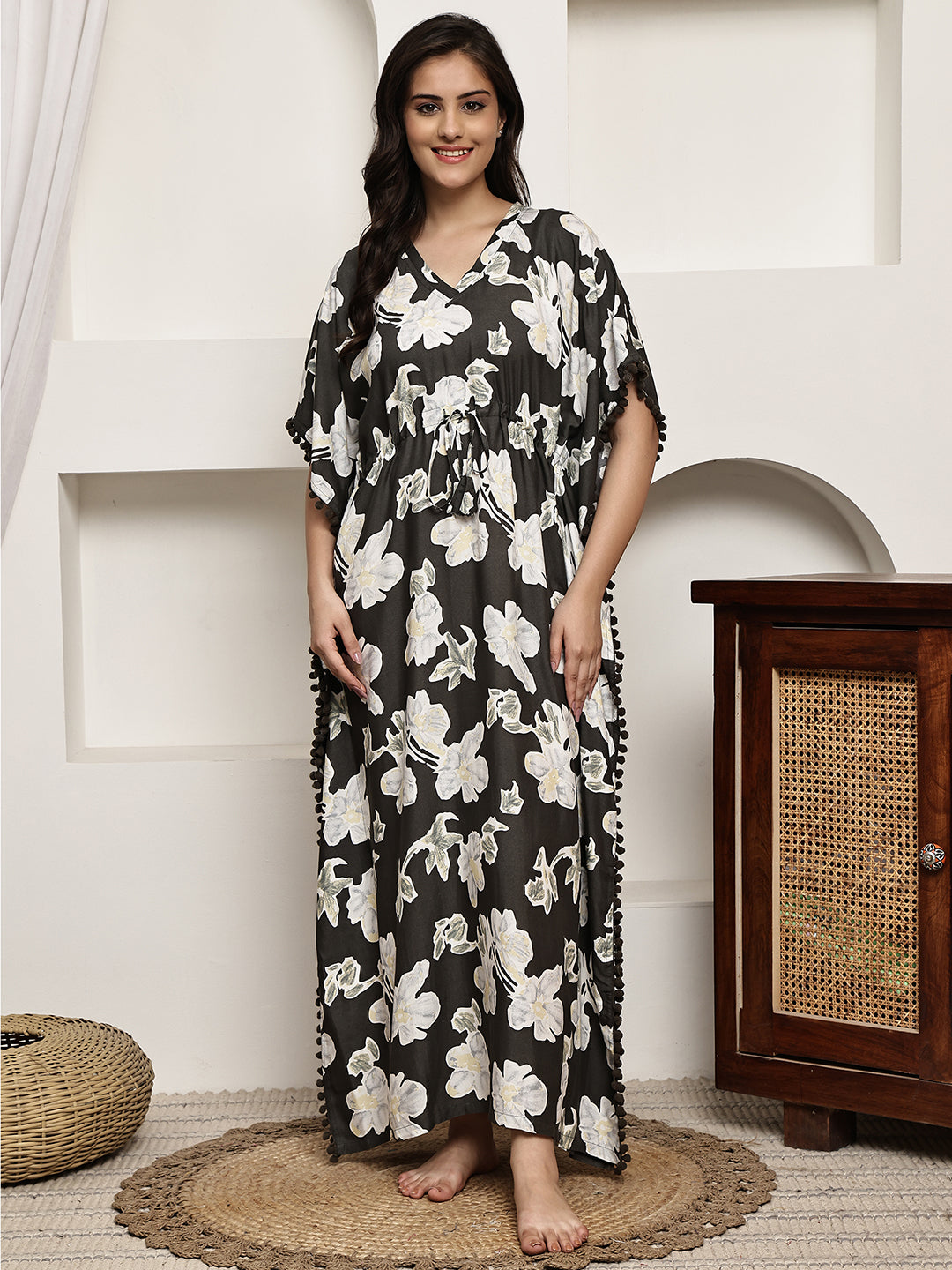 Close-up of viscose rayon fabric on Brown Kaftan Dress