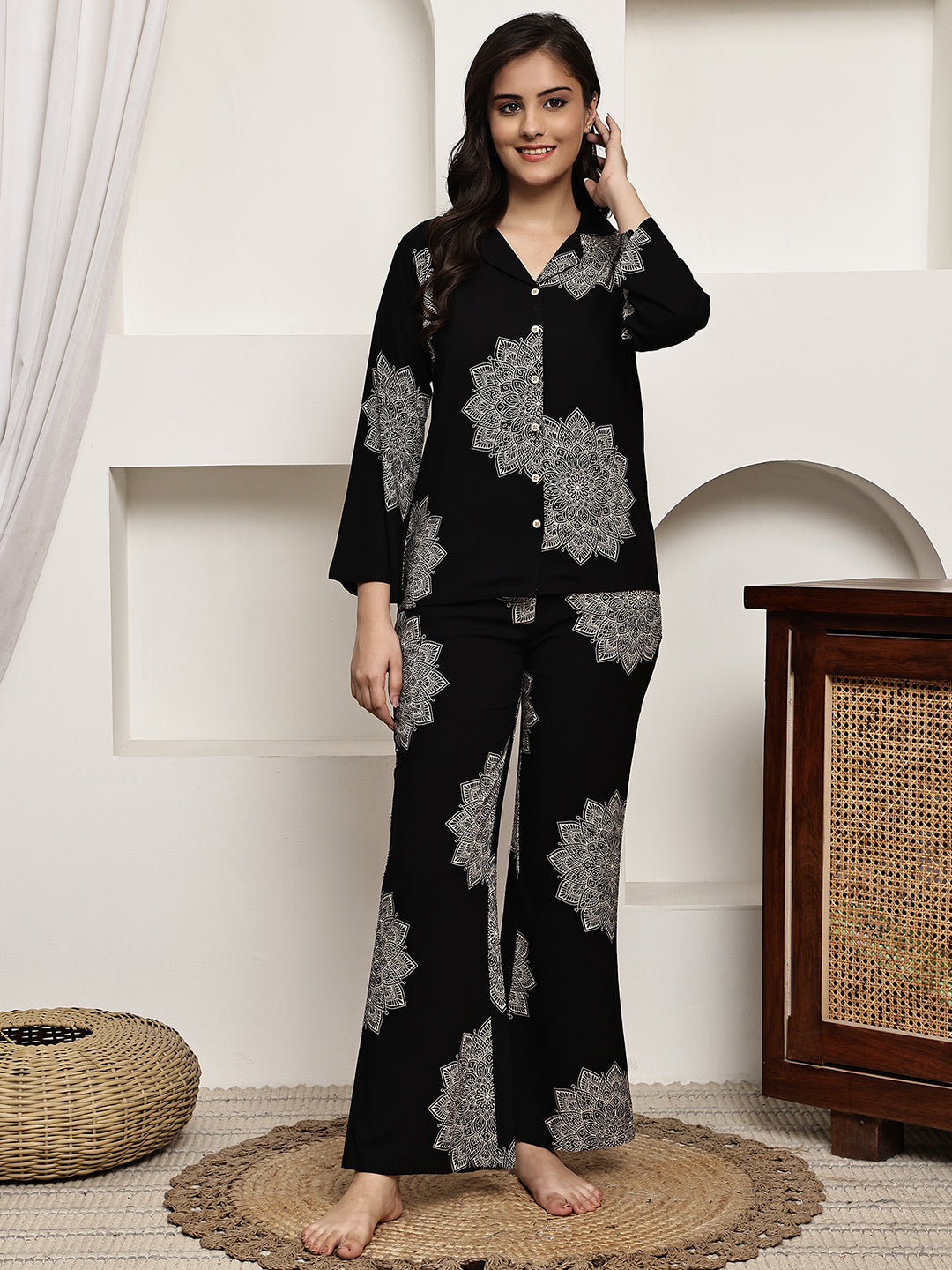 Black Colour Abstract Printed Viscose Rayon Night Suit for Women