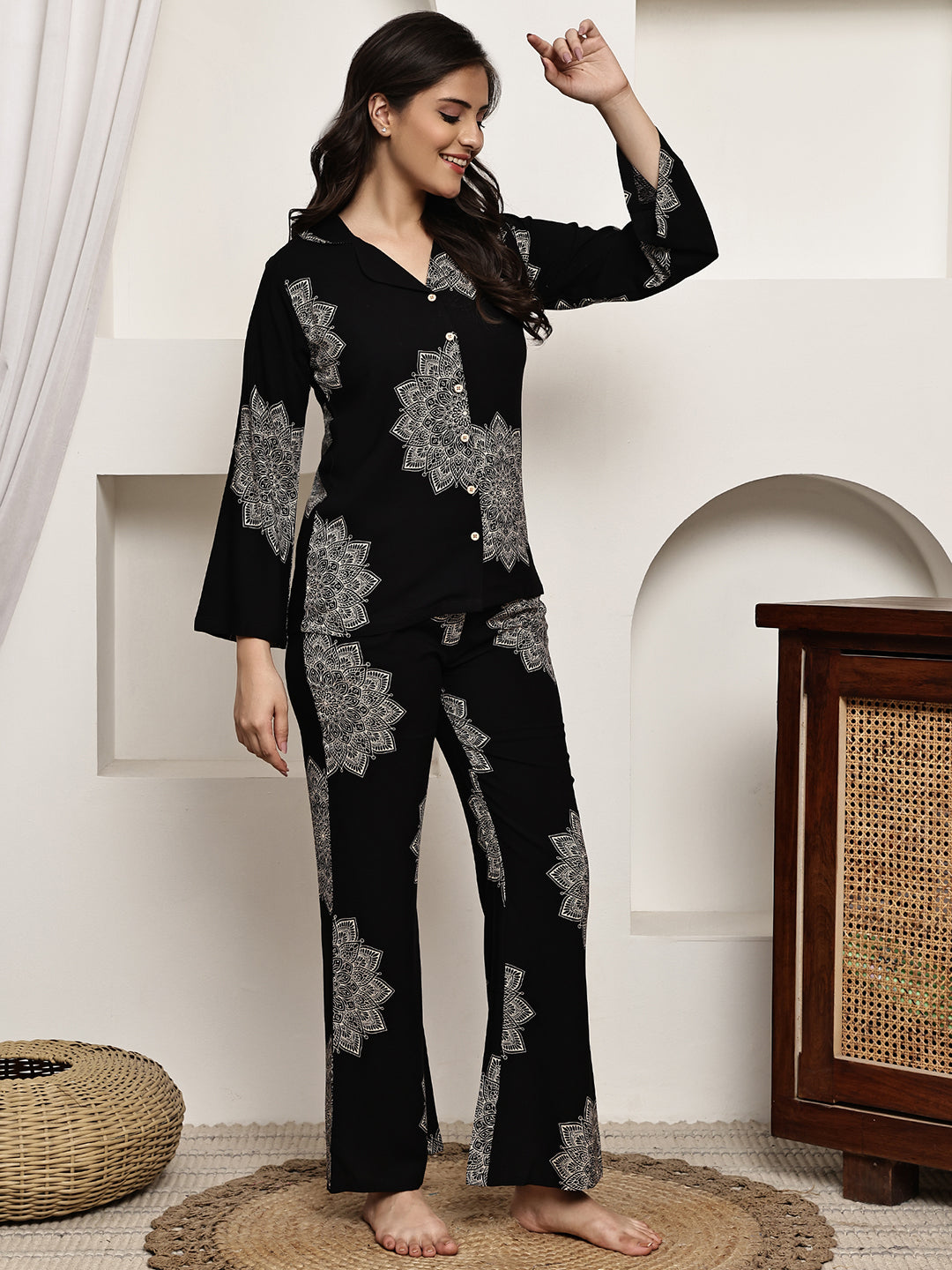 Black Colour Abstract Printed Viscose Rayon Night Suit for Women