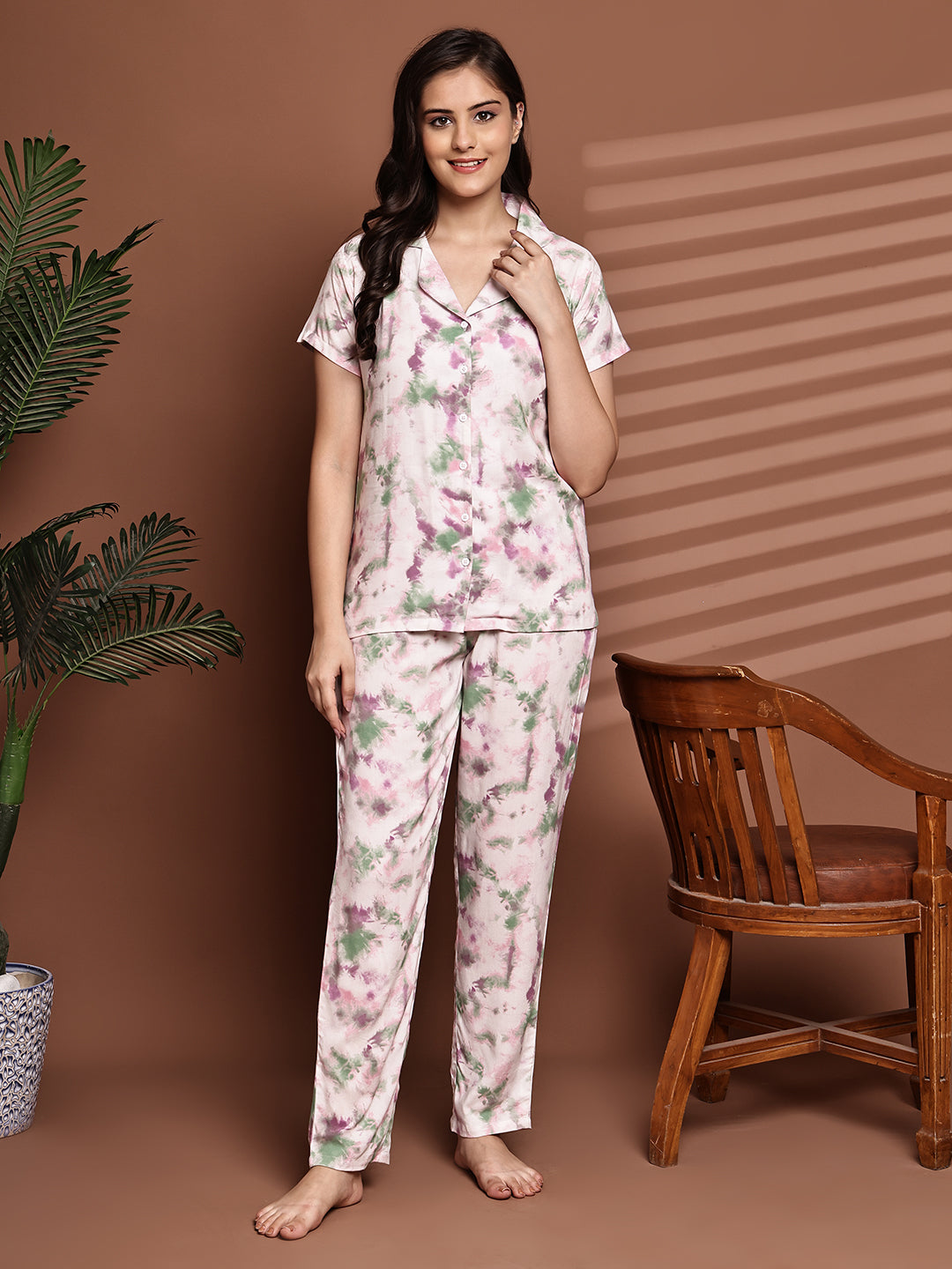 Pink Colour Graphic Printed Viscose Rayon Night Suit for Women
