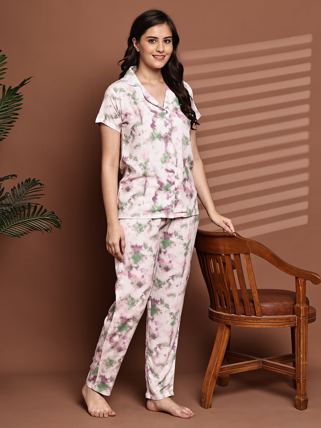 Pink Colour Graphic Printed Viscose Rayon Night Suit for Women