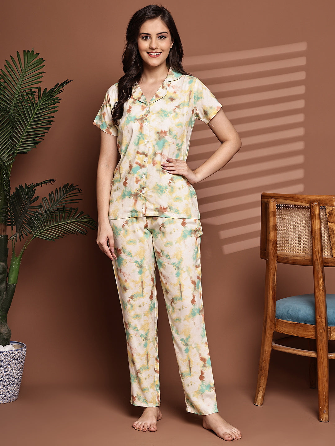 Yellow Colour Graphic Printed Viscose Rayon Night Suit for Women