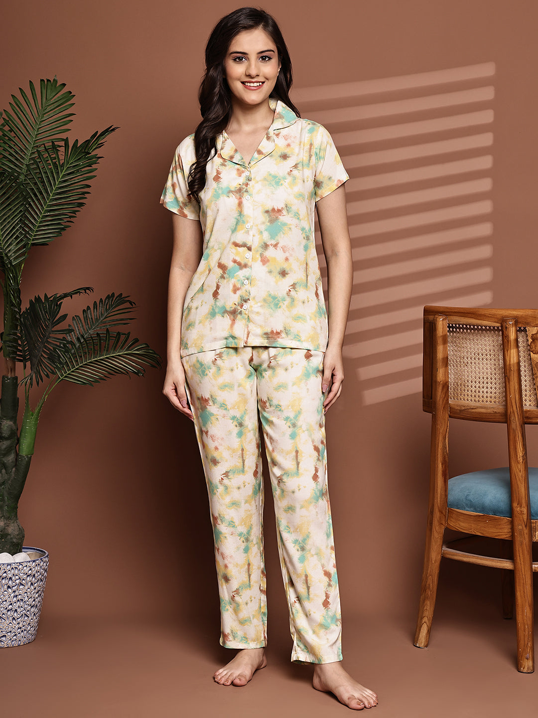 Yellow Colour Graphic Printed Viscose Rayon Night Suit for Women