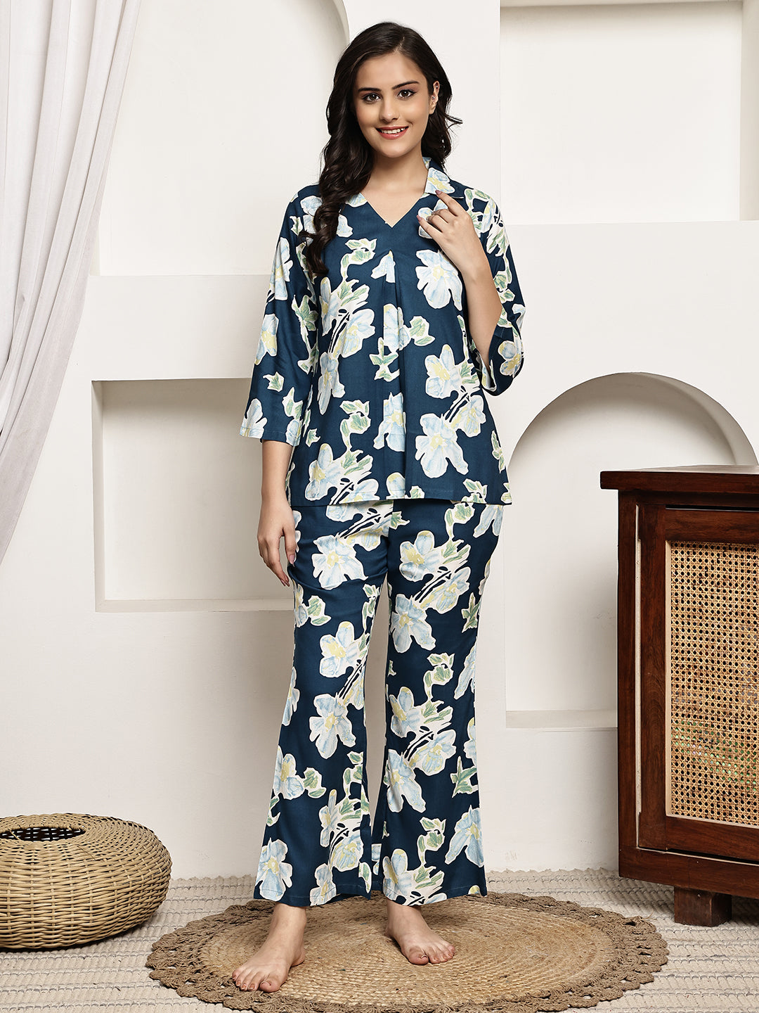 Blue Colour Abstract Printed Viscose Rayon Night Suit for Women