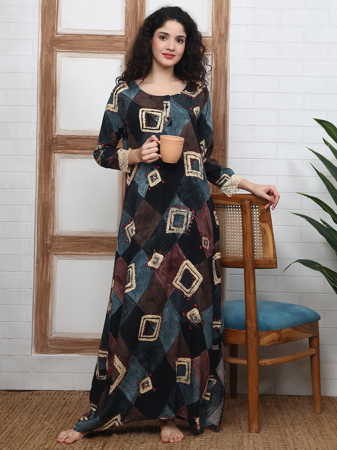 Black Abstract Printed Viscose Rayon Nighty For Women | Claura
