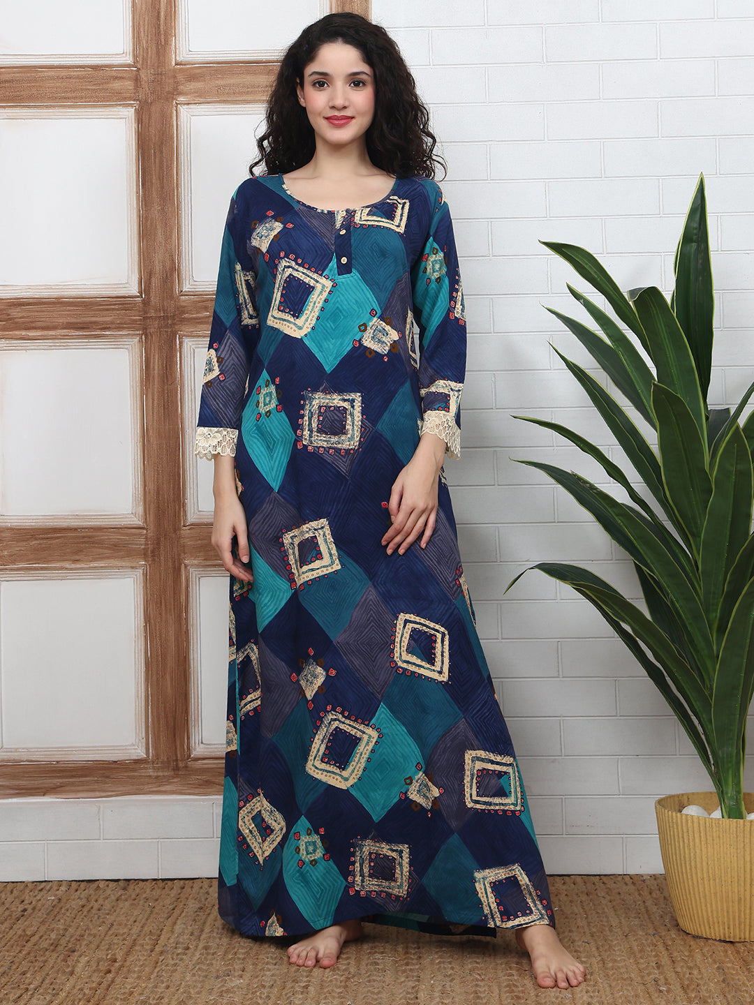Blue Abstract Printed Viscose Rayon Nighty For Women | Claura