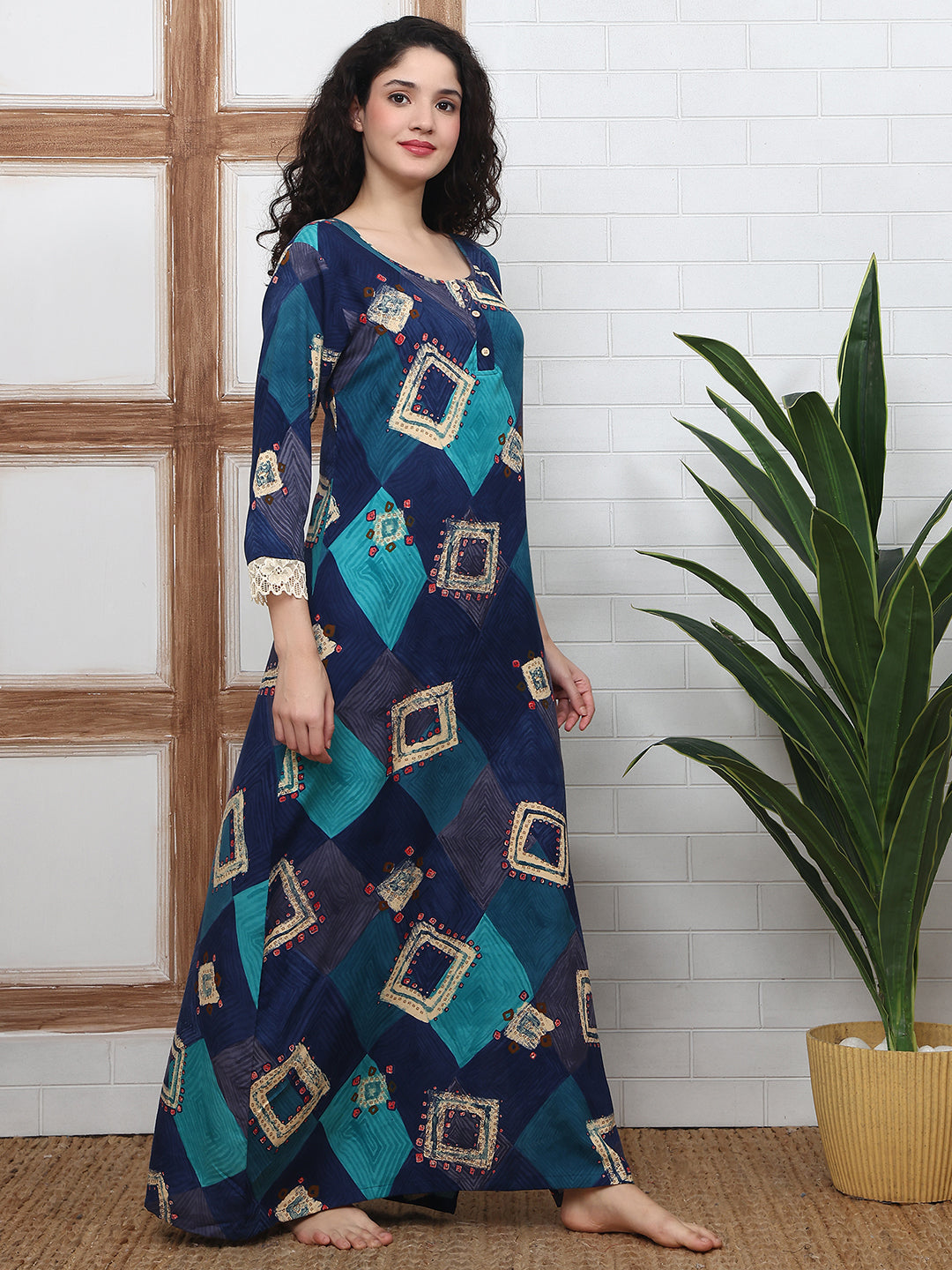 Blue Abstract Printed Viscose Rayon Nighty For Women | Claura
