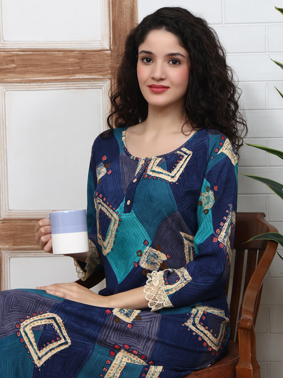 Blue Abstract Printed Viscose Rayon Nighty For Women | Claura
