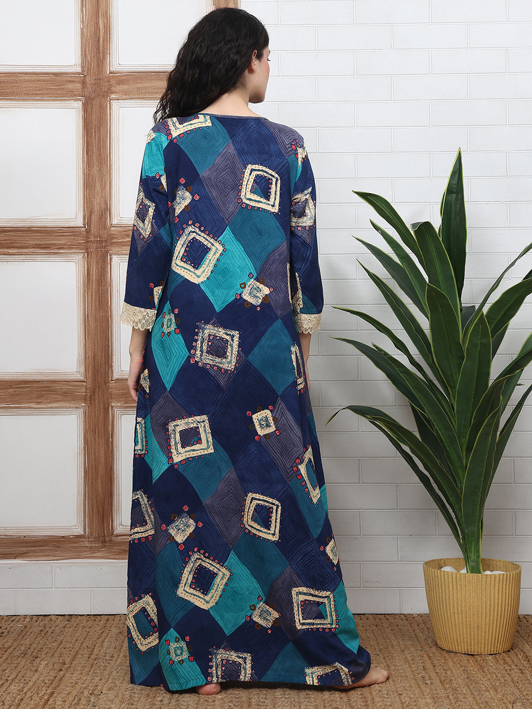 Blue Abstract Printed Viscose Rayon Nighty For Women | Claura