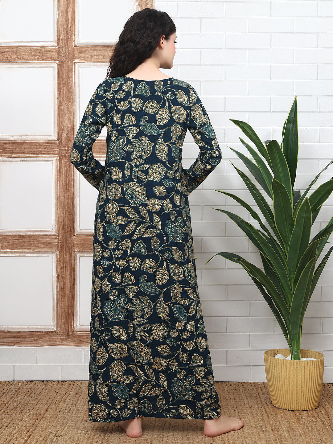 Navy Abstract Printed Viscose Rayon Nighty For Women | Claura