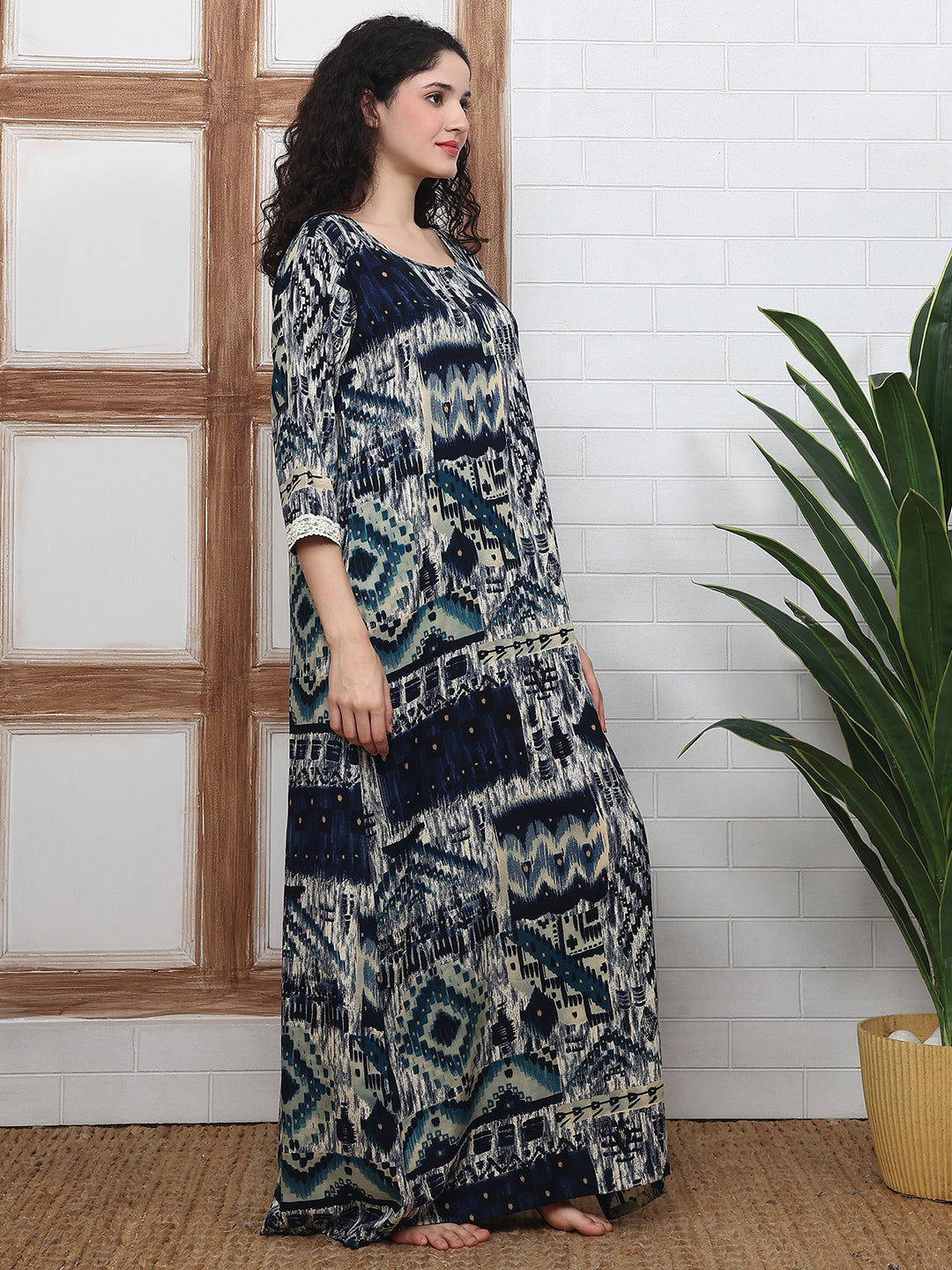 Navy Blue Abstract Printed Viscose Rayon Nighty For Women | Claura