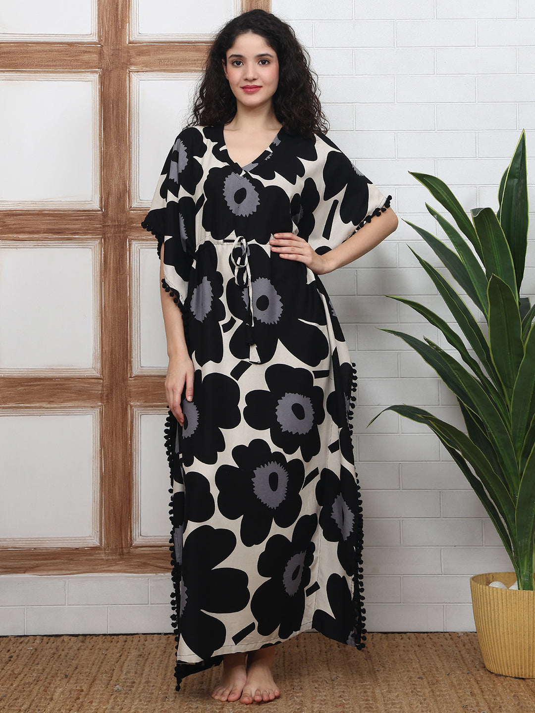 Black floral printed Kaftan Dress sleeve detail