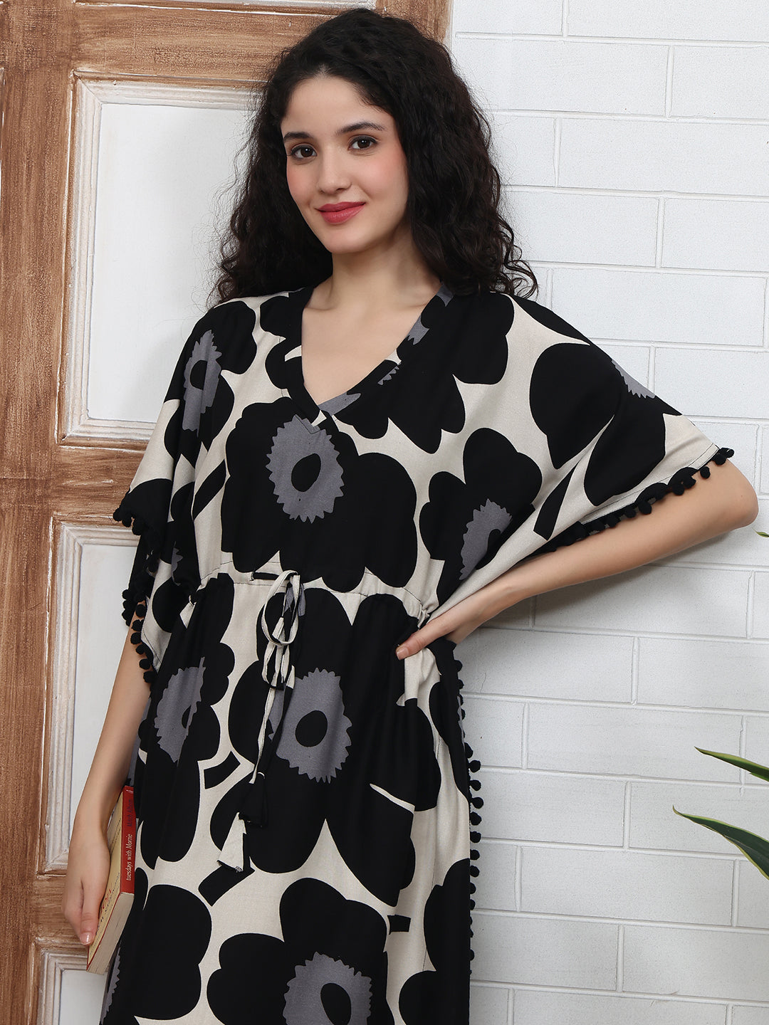 Black Floral Printed Viscose Rayon Kaftan Dress | Claura