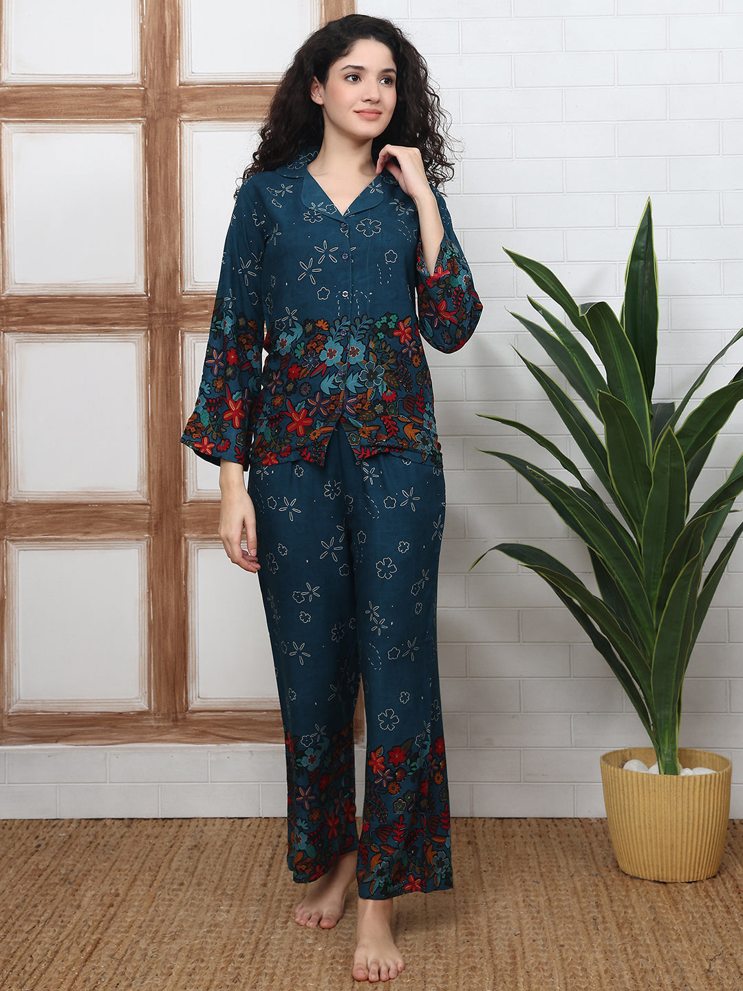 Close-up of soft Viscose Rayon fabric on Teal Blue Night Suit