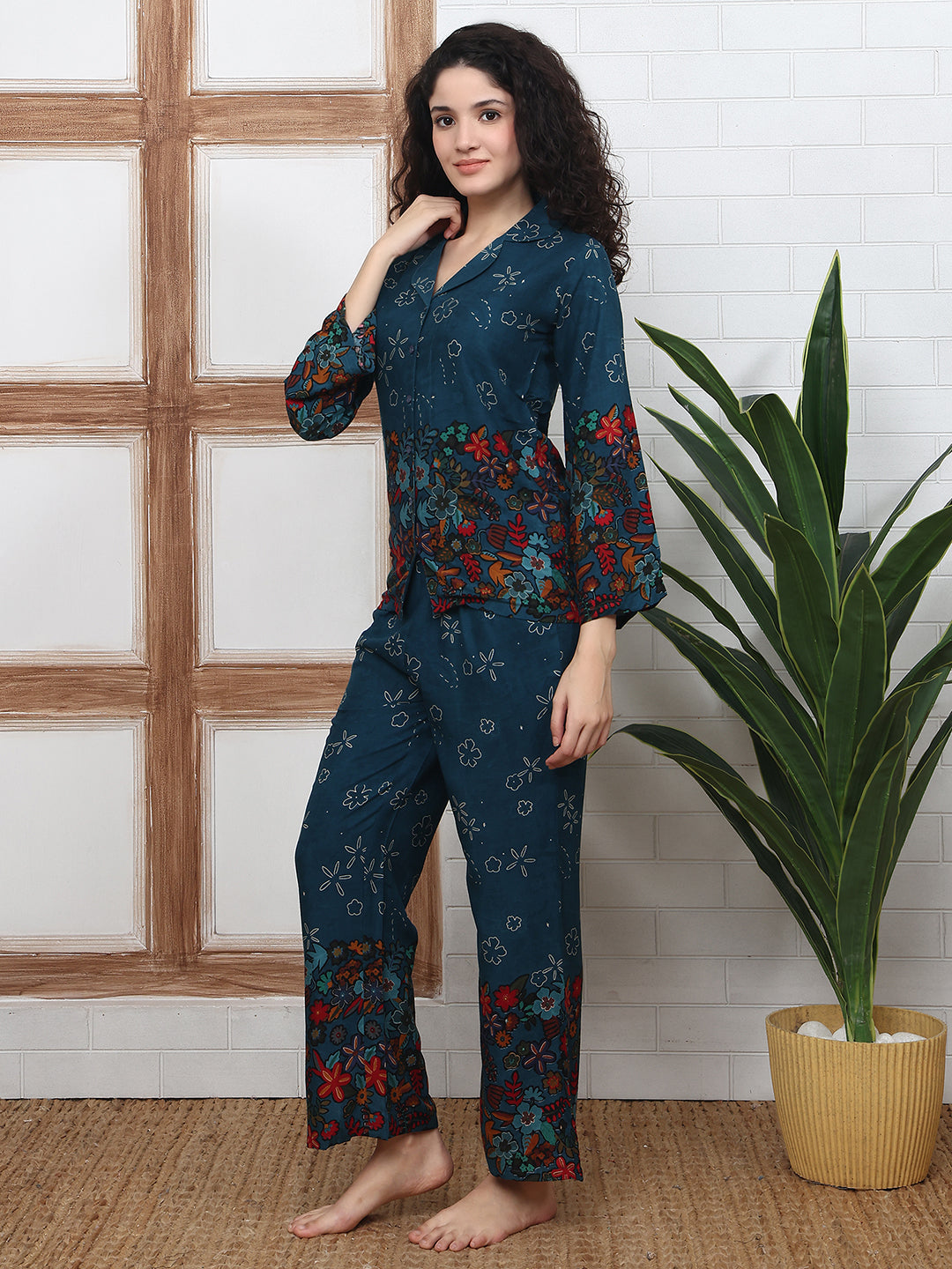 Teal Blue Rayon Night Suit with half sleeves and pocket detail