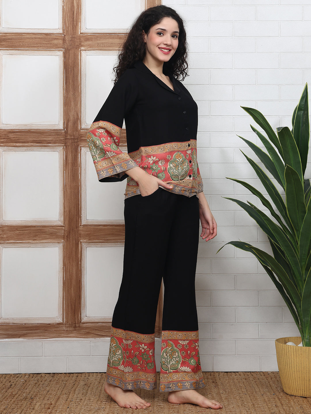 Black Viscose Rayon Floral Printed Night Suit for Women | Claura