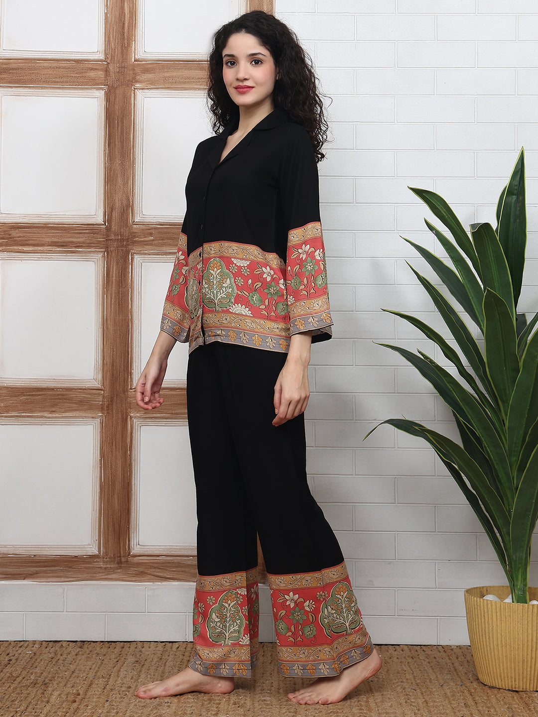 Black Viscose Rayon Floral Printed Night Suit for Women | Claura