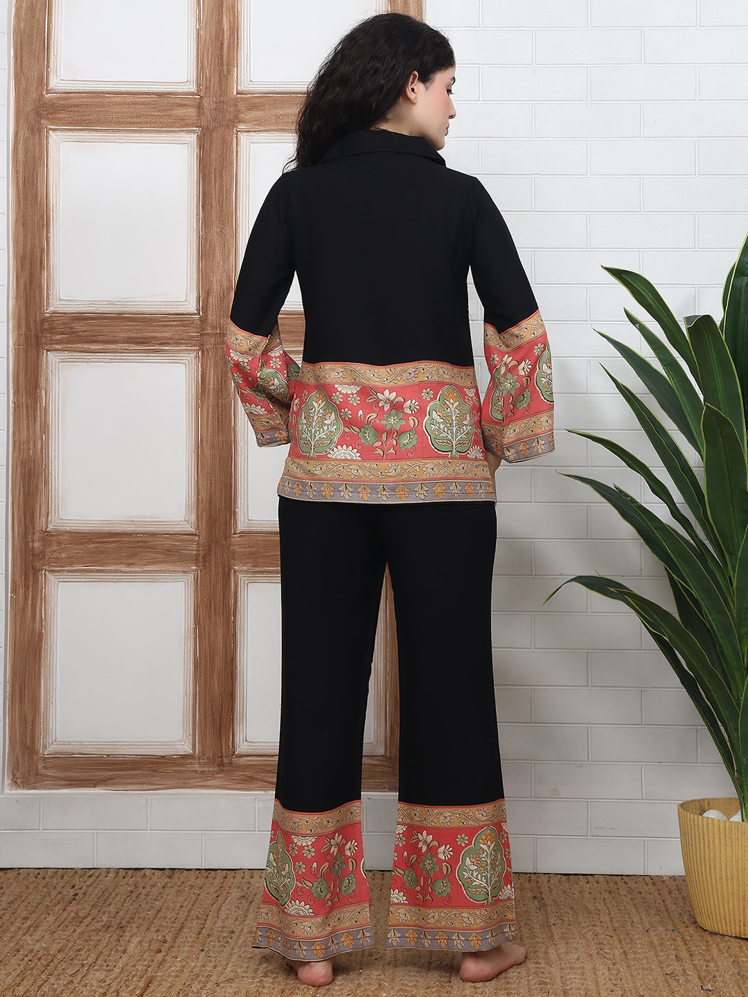 Black Viscose Rayon Floral Printed Night Suit for Women | Claura