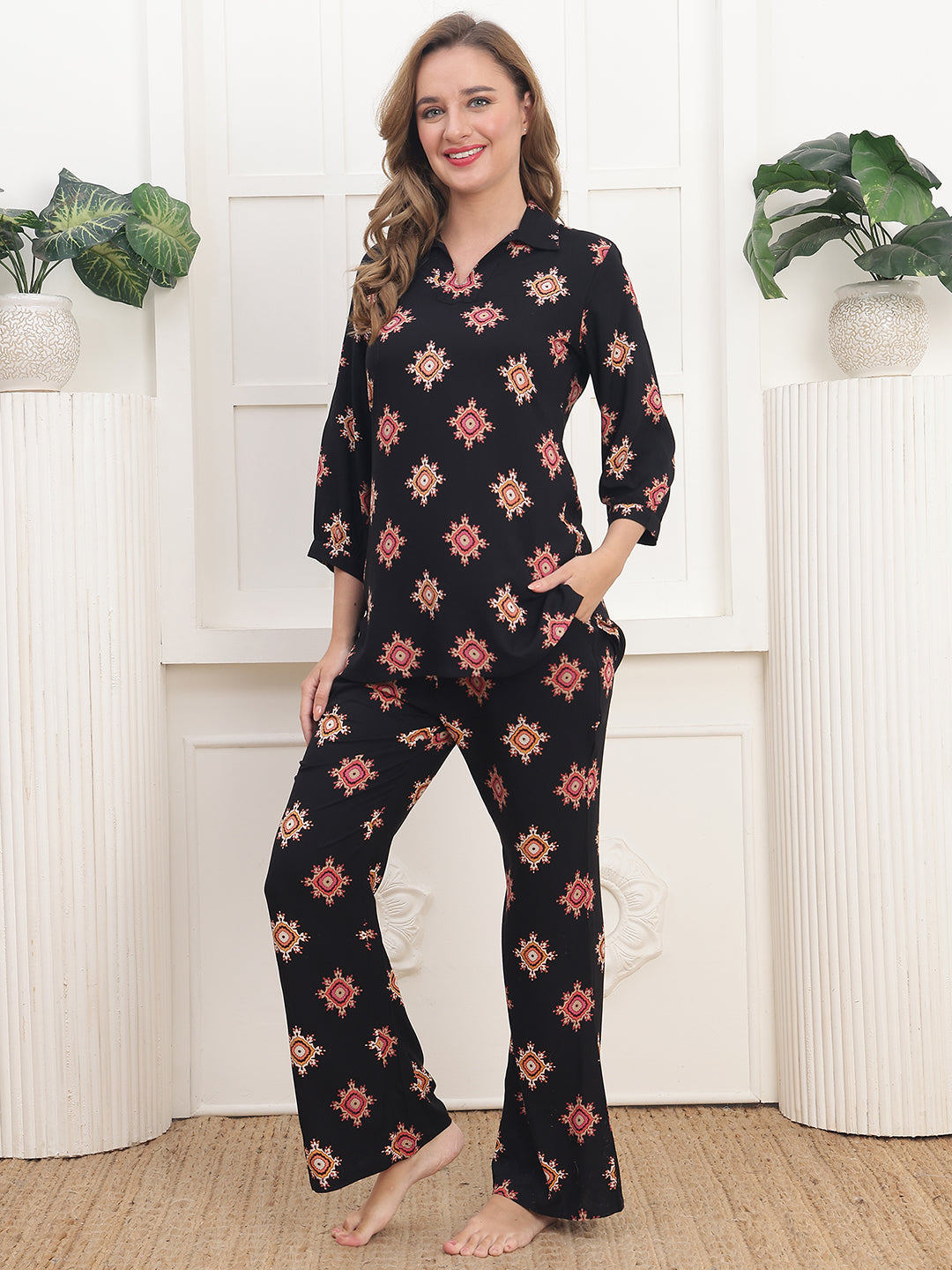 Black Viscose Rayon Abstract Printed Night Suit for Women | Claura
