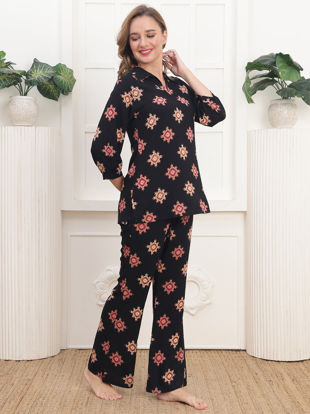 Black Viscose Rayon Abstract Printed Night Suit for Women | Claura