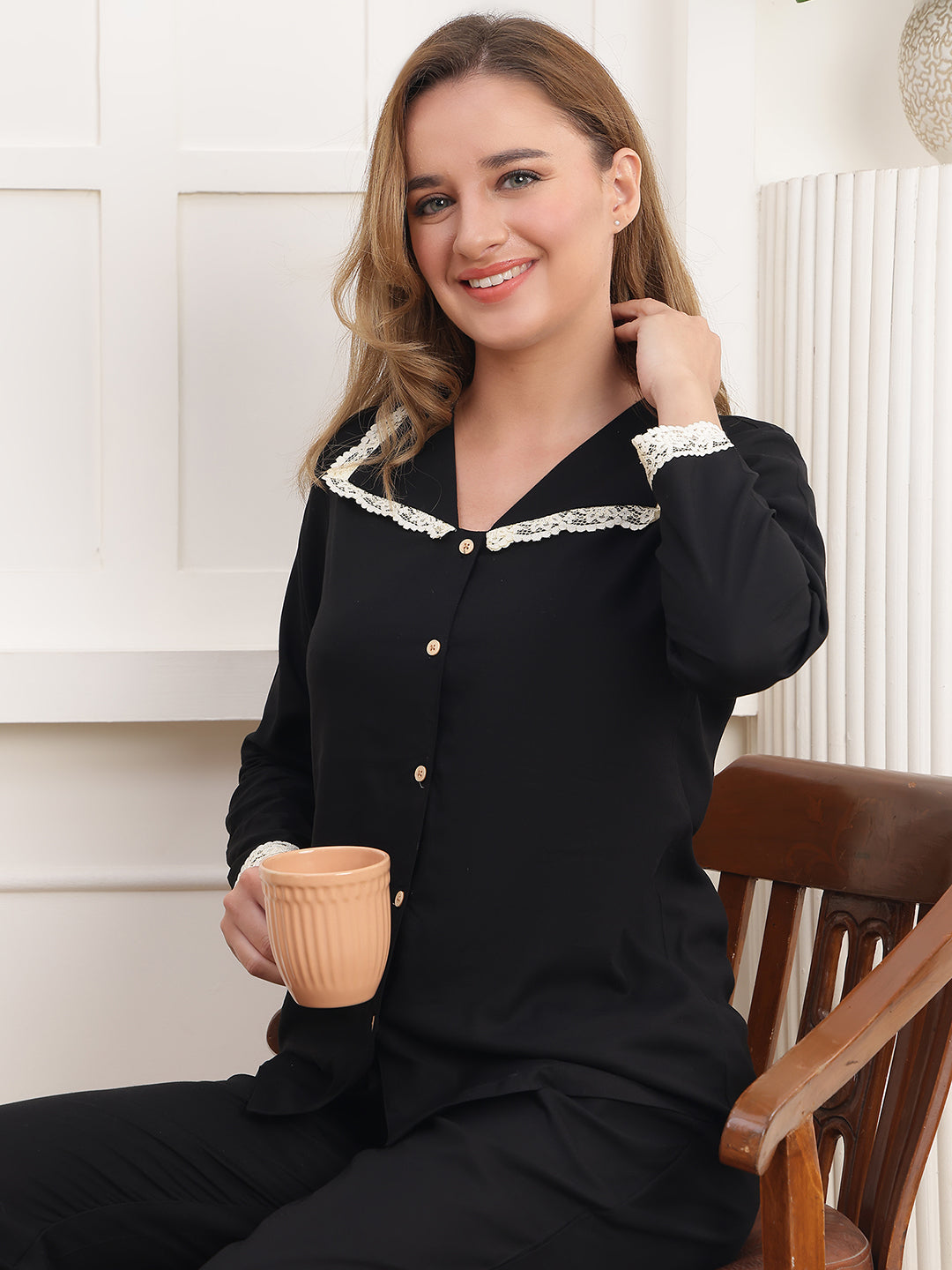Black Color V-Neck Rayon Night suit for Women | Claura